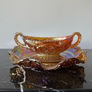 Amber Carnival Glass Star and File Imperial Boat and Large Plate Marigold